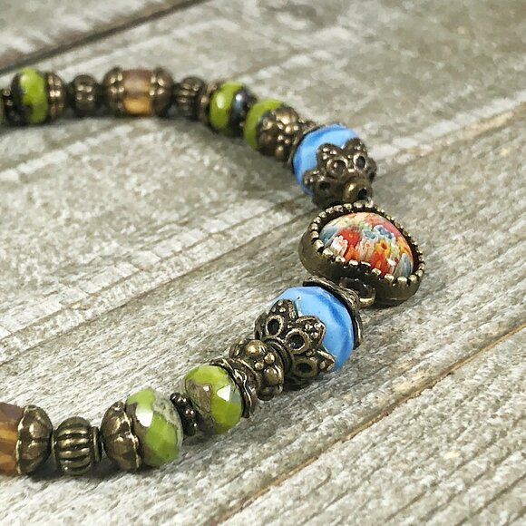 MillefioriHeart Cabochon in Bronze Bracelet with Czech Glass Beads - Picture 6 of 8